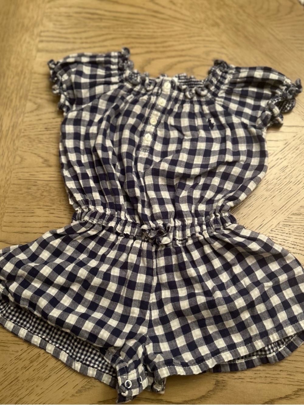 Ralph Lauren Baby Navy Gingham Girls Romper Short Set- size 18months